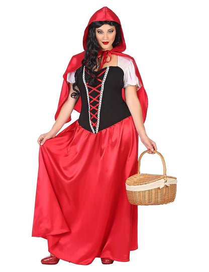 Déguisement robe longue petit chaperon rouge pour femme rouge et noir avec cape à capuche