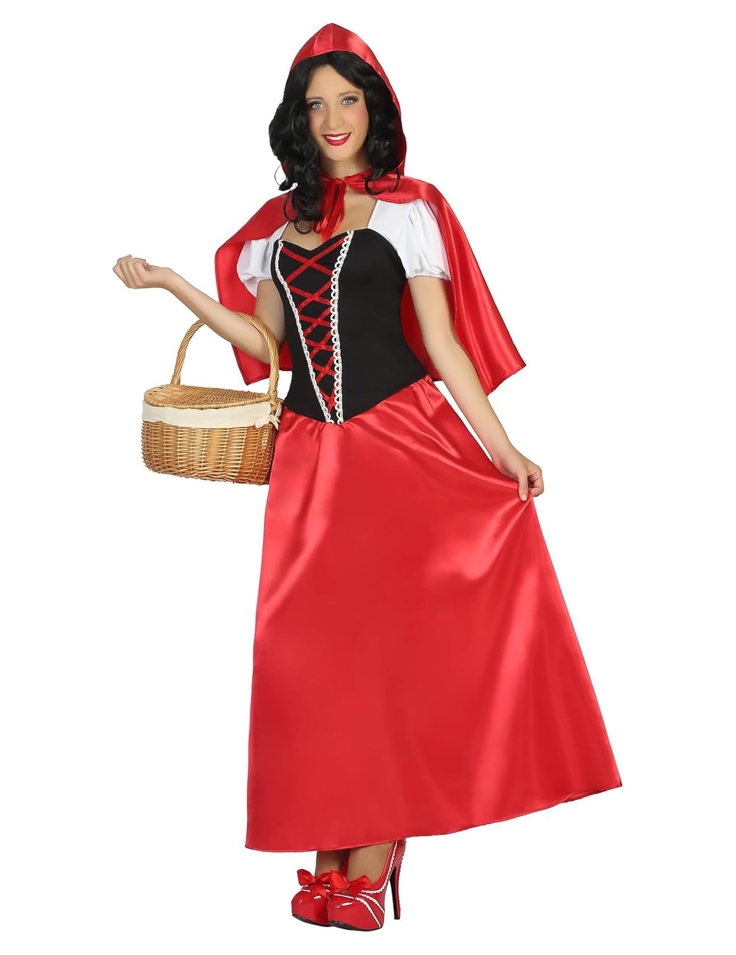 Panier en osier avec le déguisement robe longue petit chaperon rouge