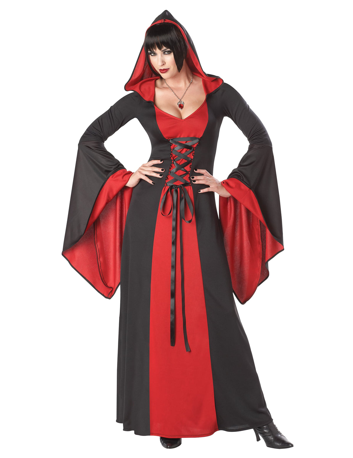 Déguisement robe maléfique à capuche pour femme noir et rouge avec manches évasées et laçage