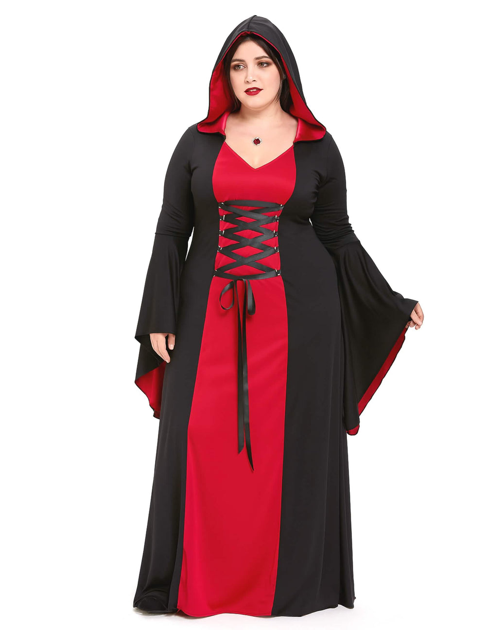 Pohľad spredu na kostým šaty s kapucňou Maleficent