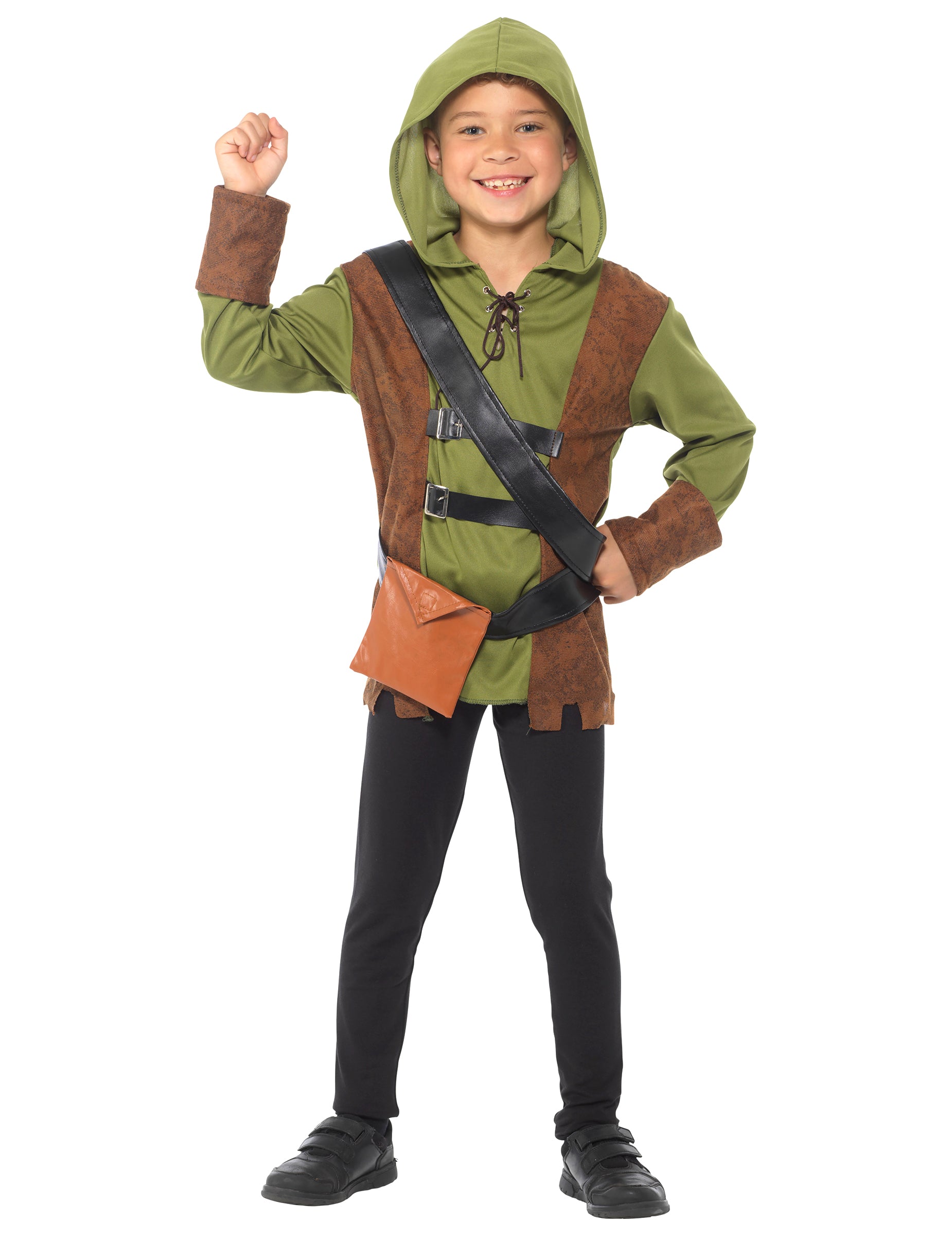 Vue de face avec sacoche du déguisement Robin de la fôret