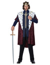 Déguisement roi de conte de fée luxe pour homme bordeaux et bleu avec cape en fausse fourrure