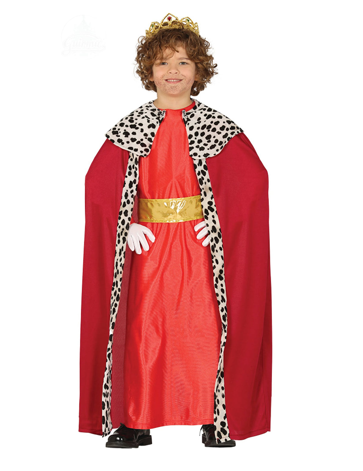 Déguisement de Roi Mage pour enfant rouge avec cape hermine et couronne dorée