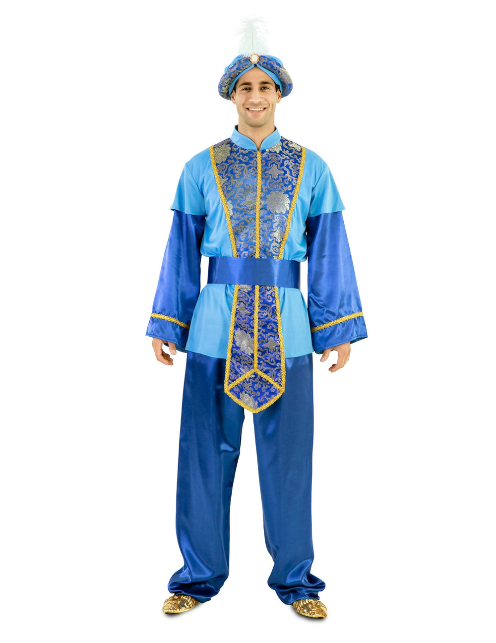Déguisement Roi Mage sultan pour adulte bleu avec turban à plume et détails dorés