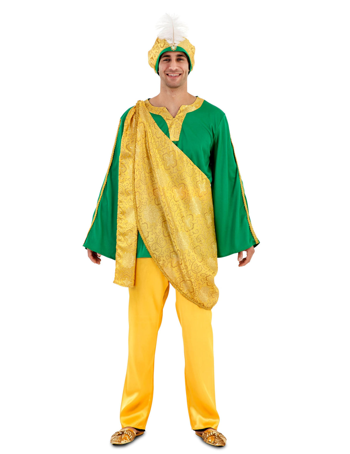 Déguisement Roi Mage sultan pour adulte jaune et vert avec turban à plume
