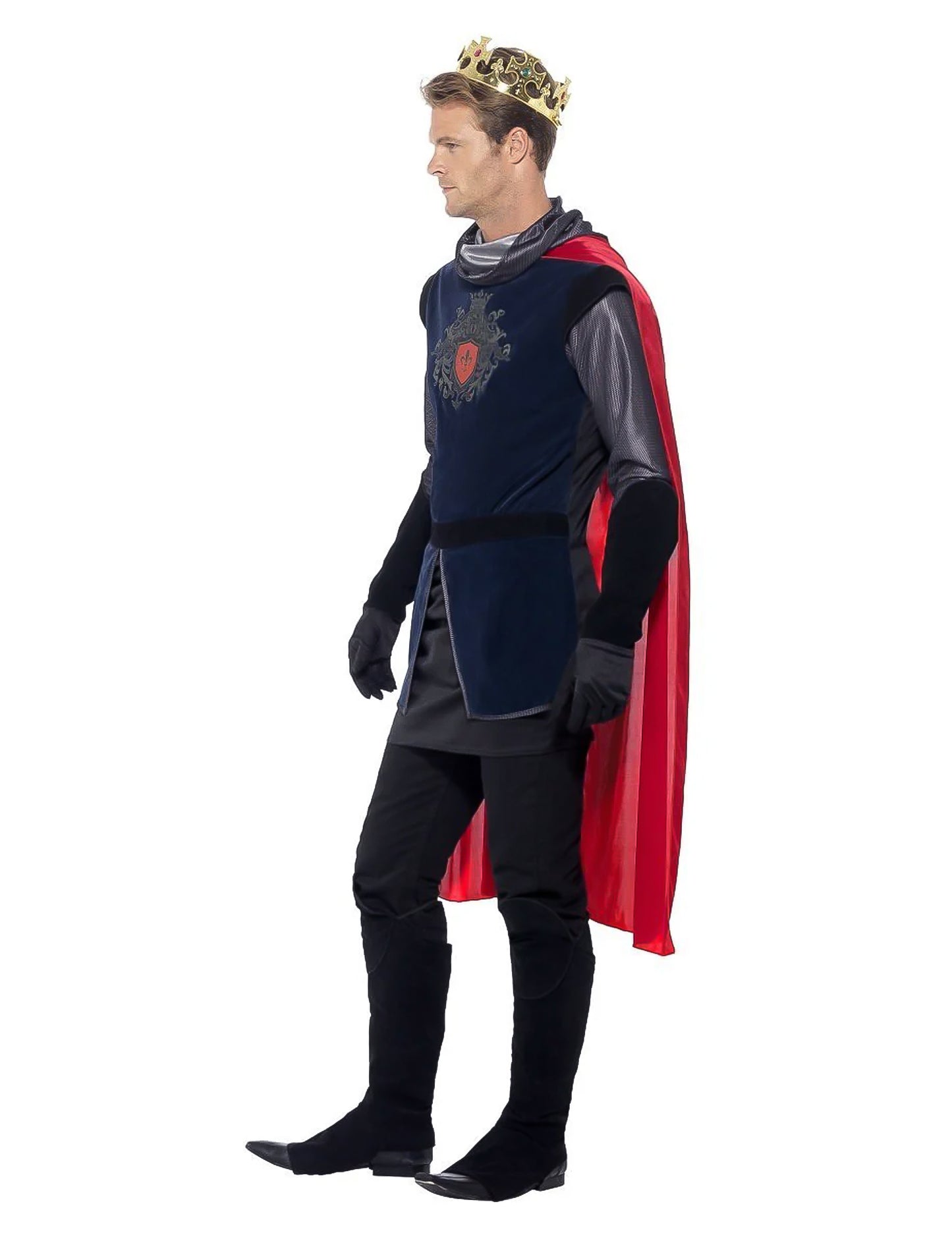 Bočný pohľad na kostým stredovekého kráľa s efektom semišu