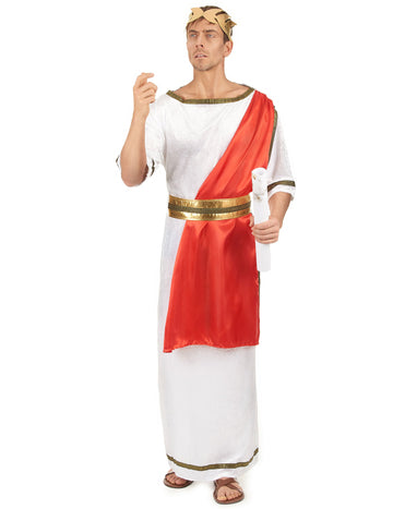 Déguisement de noble romain pour homme blanc et rouge avec couronne dorée