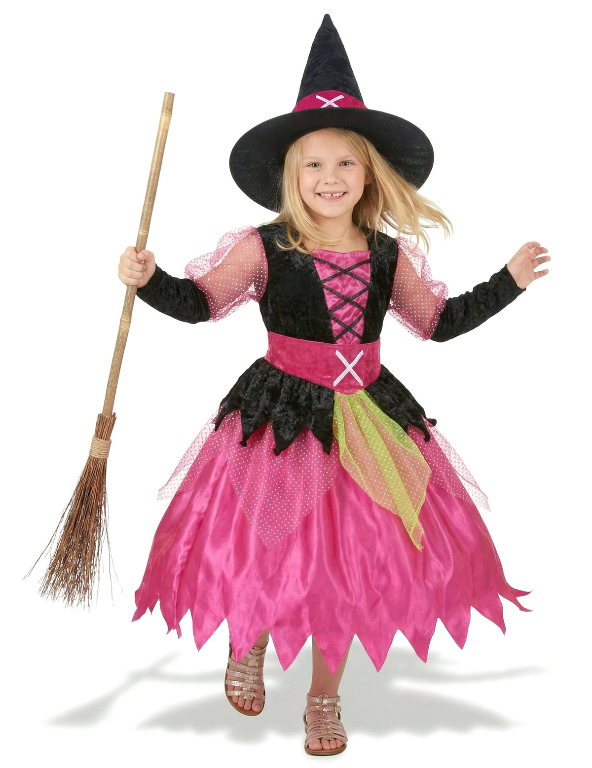 Déguisement de sorcière pour fille rose et noir avec chapeau pointu