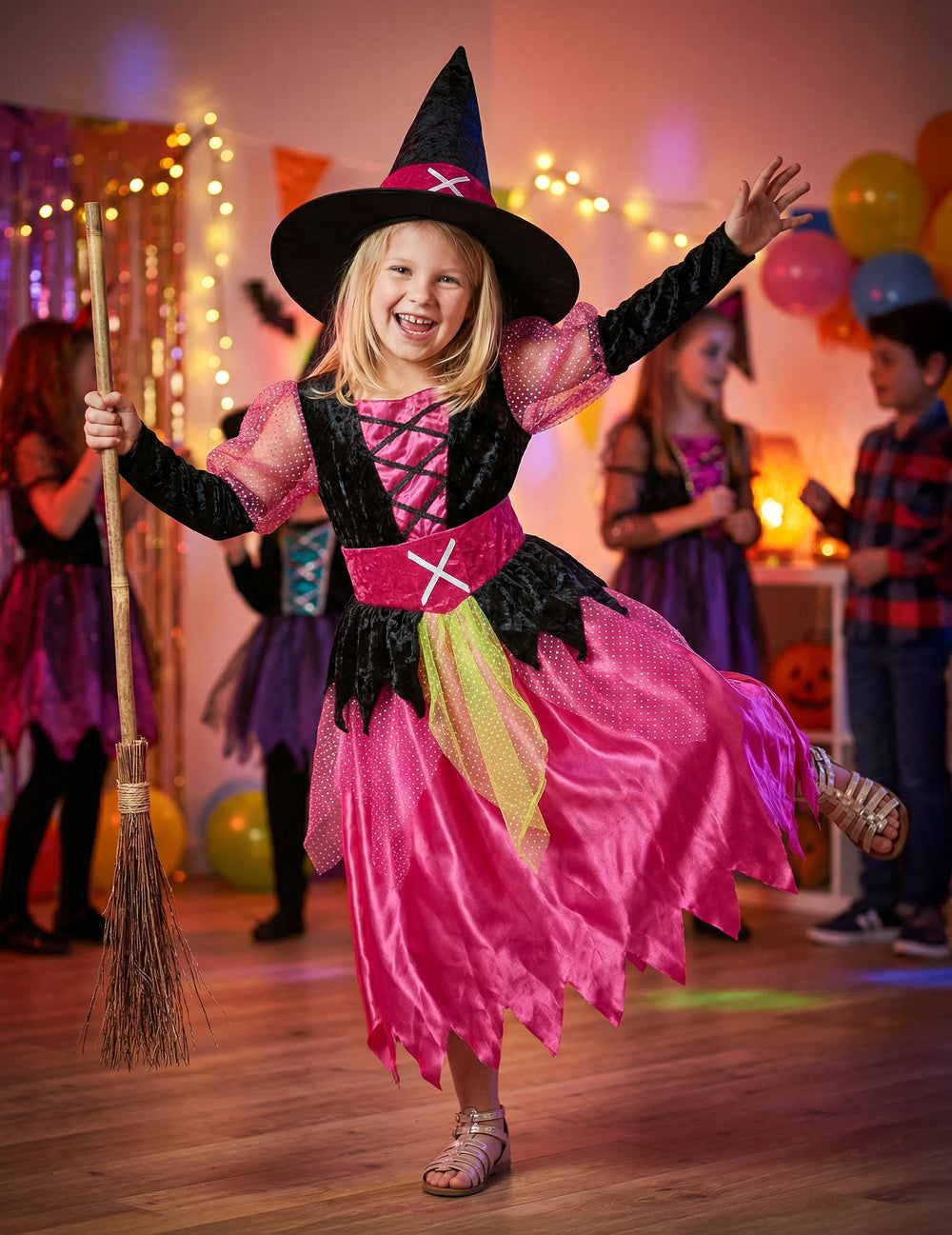 Mise en situation festive avec balai du déguisement de sorcière pour fille
