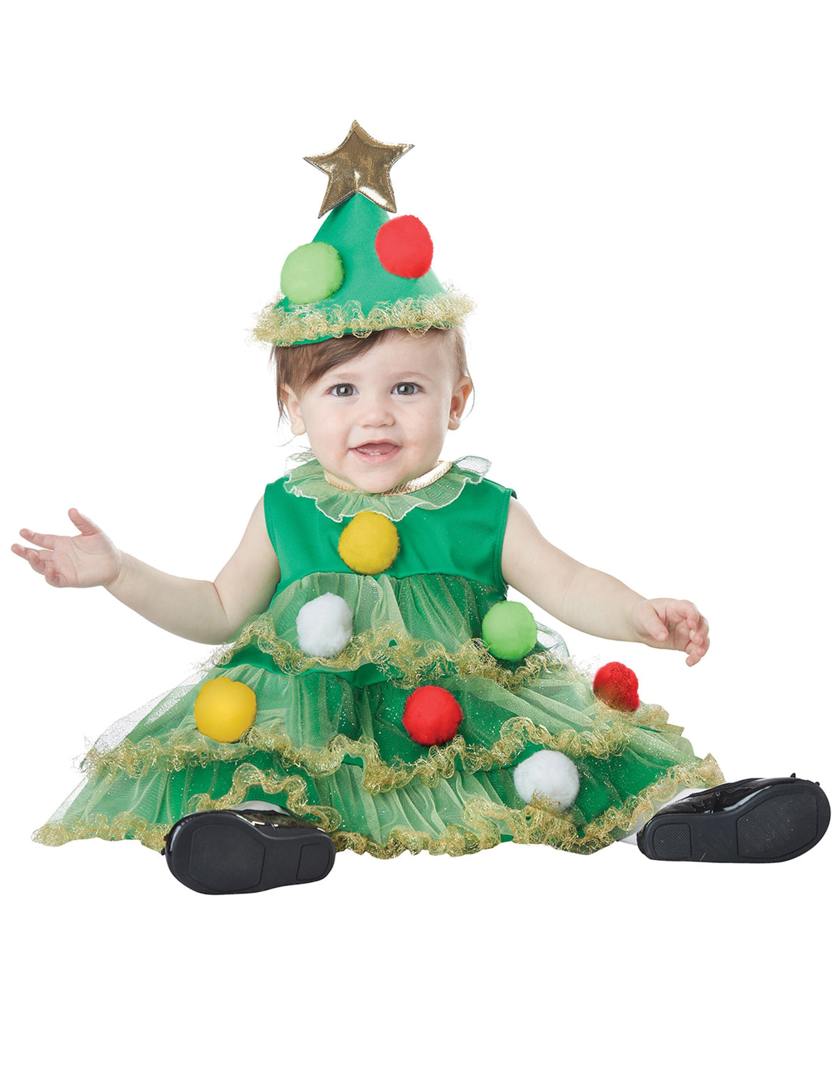 Déguisement de sapin de Noël luxe pour bébé vert avec pompons colorés et chapeau étoile