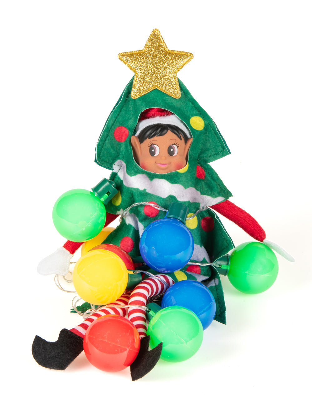 Lutin farceur assis avec guirlande de boules du déguisement sapin de Noël pour poupée lutin farceur