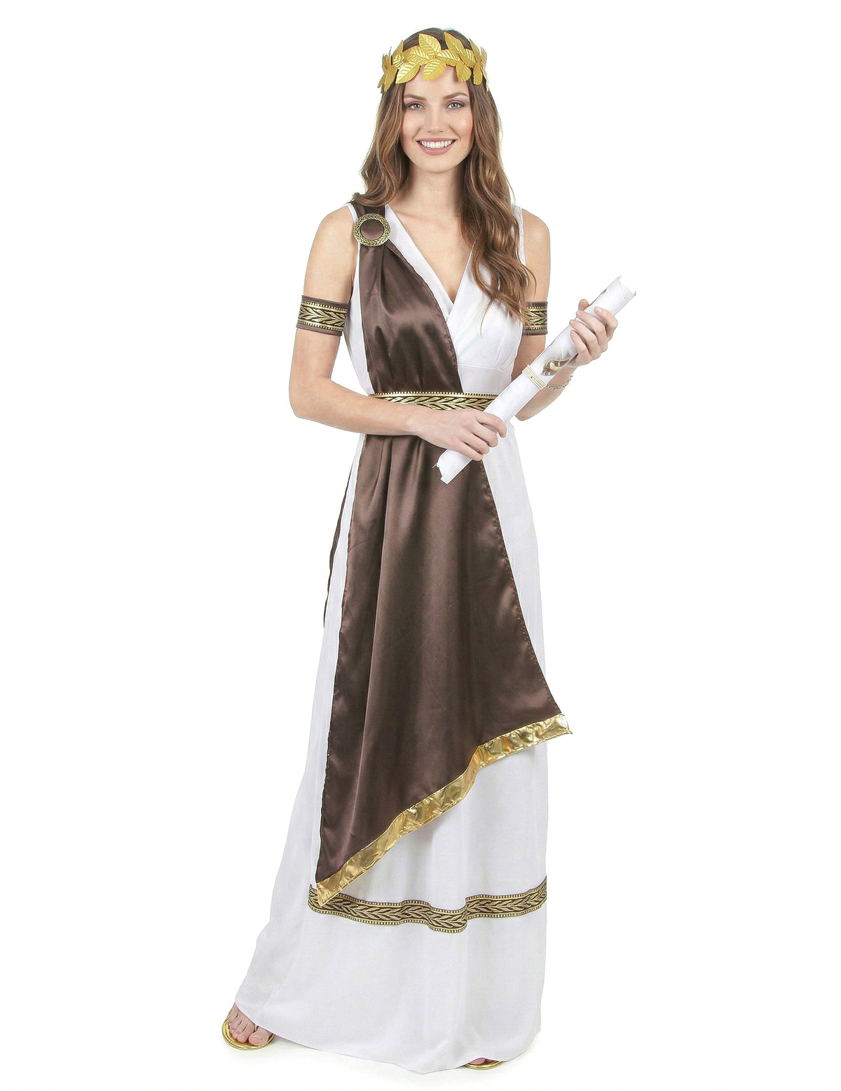 Déguisement satiné romaine pour femme blanc et marron avec couronne de laurier