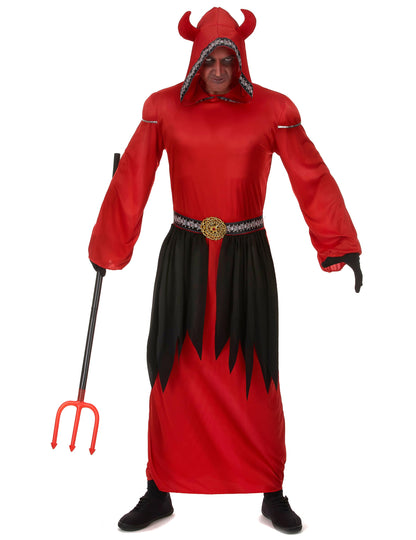 Déguisement de secte démoniaque pour homme rouge et noir avec capuche à cornes