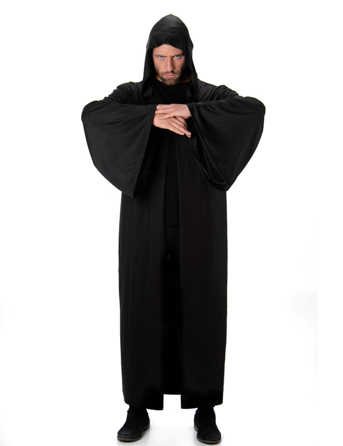 Dlhý čierny plášť s kapucňou na halloween pre muža