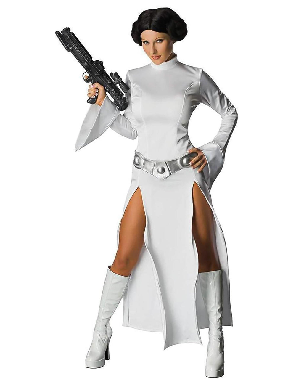 Pohľad zpredu s blasterom kostýmu sexi princeznej Leii Star Wars