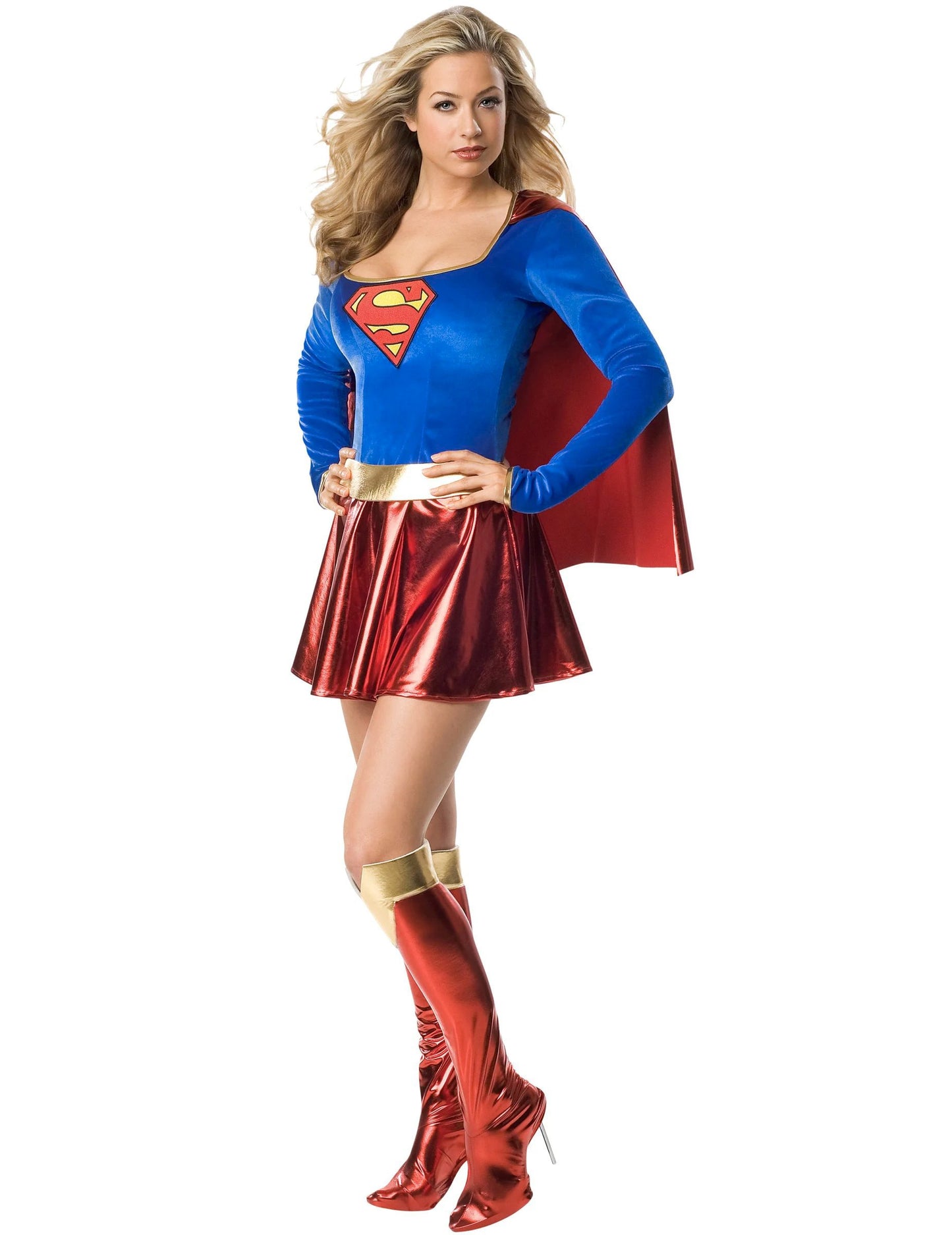 Déguisovanie sexy Supergirl pre ženy v modrej a červenej farbe s lesklou sukňou