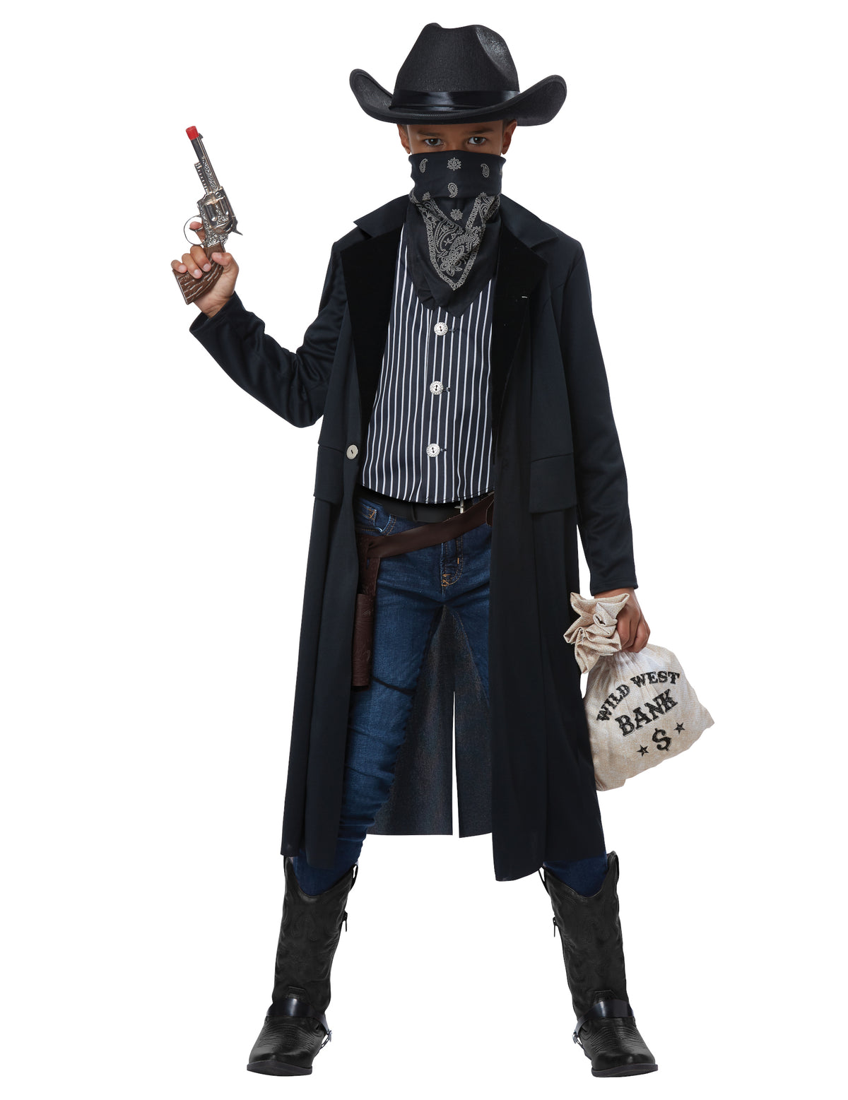 Accessoires de bandit avec pistolet et sac de banque du déguisement de shérif pour enfant