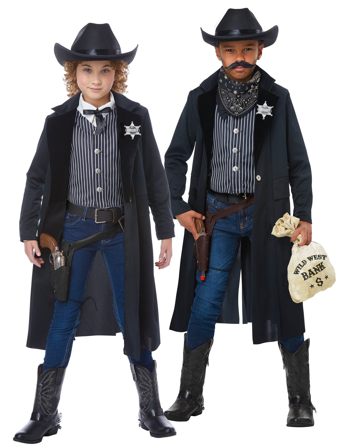 Déguisement de shérif pour enfant avec long manteau noir et gilet rayé