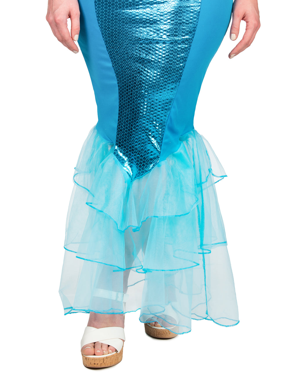 Détail du bas en tulle et des écailles du déguisement sirène à sequins pour femme