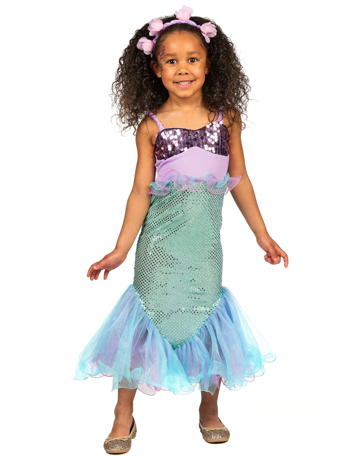 Vue de face du déguisement sirène à sequins pour fille