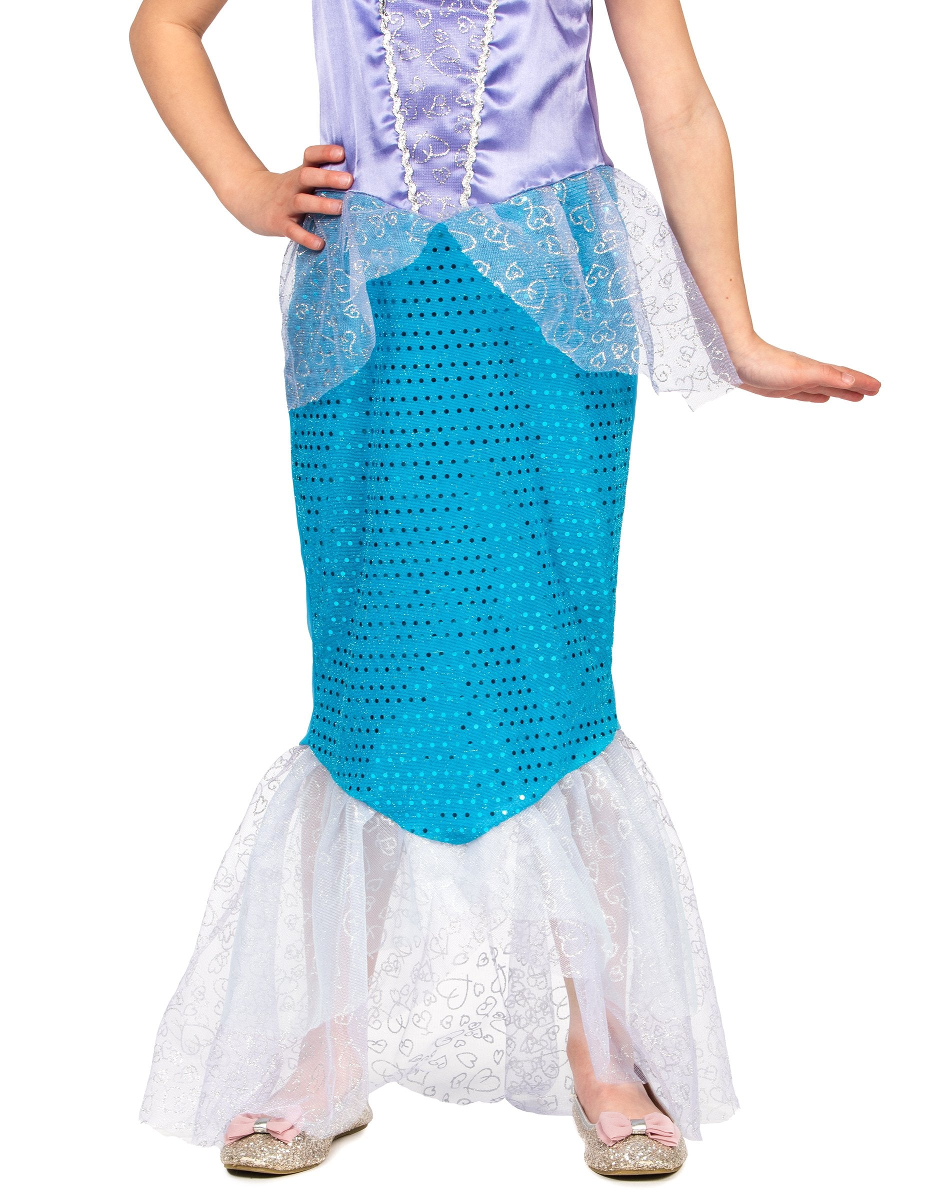 Détail de la jupe à sequins et du bas en tulle du déguisement sirène pour fille