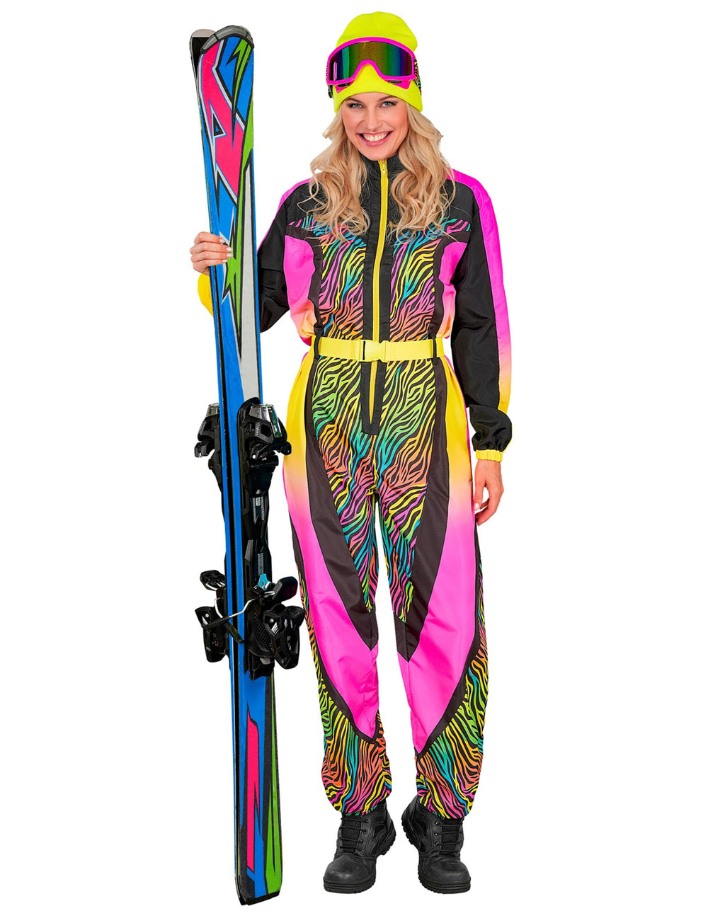 Vue d'ensemble avec skis du déguisement skieur zèbre pour adulte