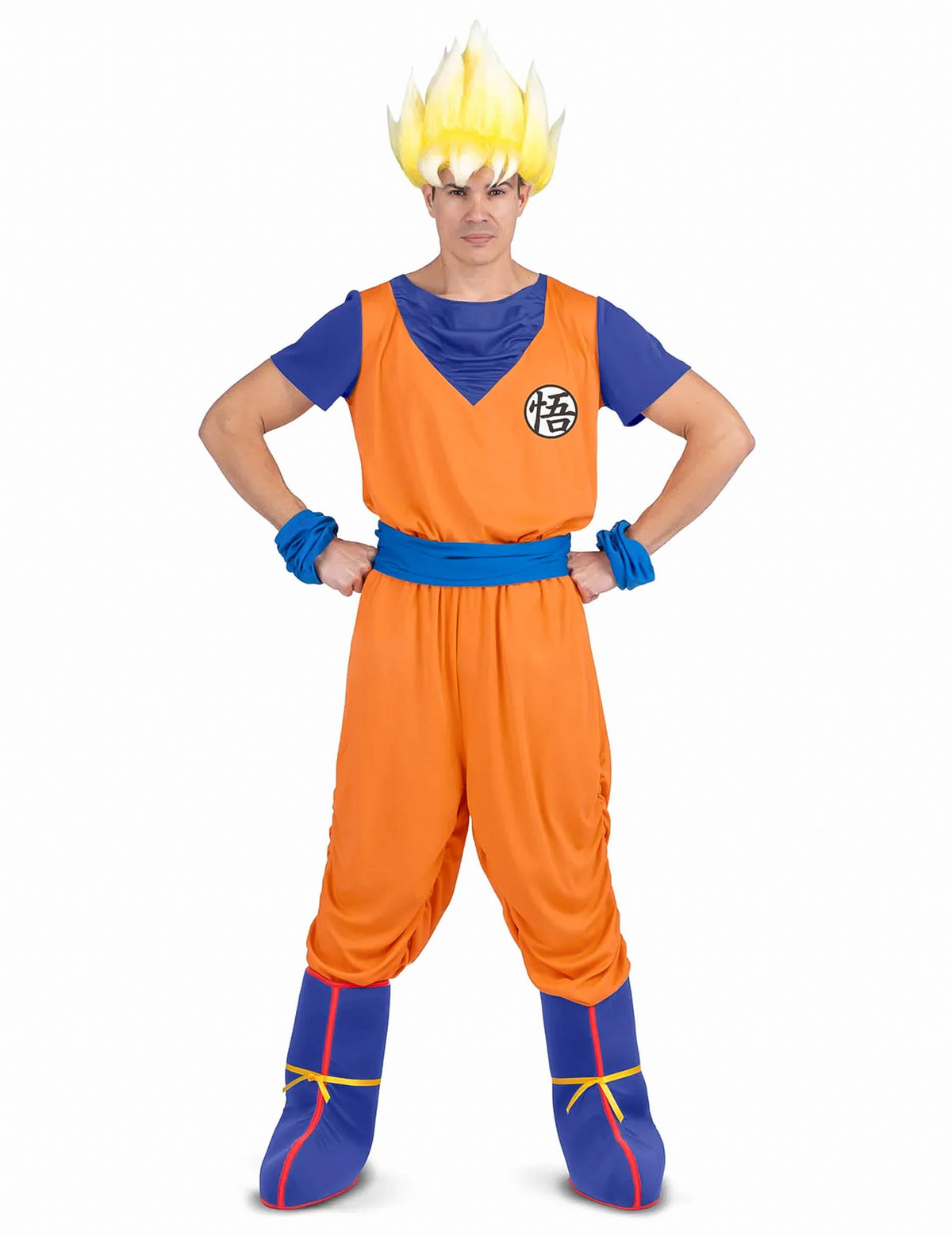 Vue de face avec perruque du déguisement Son Goku Dragon Ball Z pour adulte