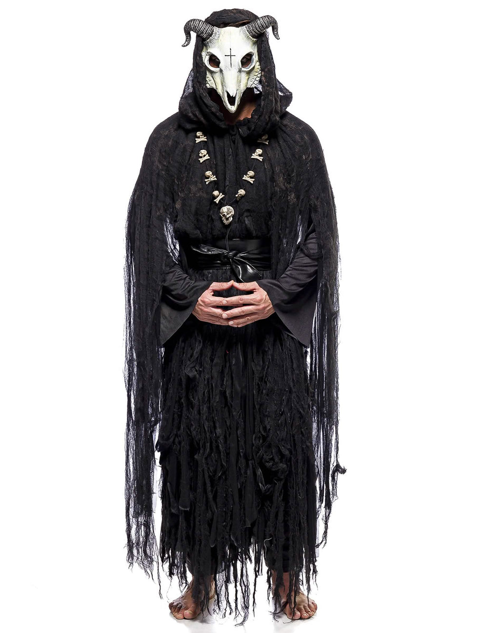 Déguisement sorcier occulte avec masque luxe pour adulte noir avec masque de crâne blanc à cornes