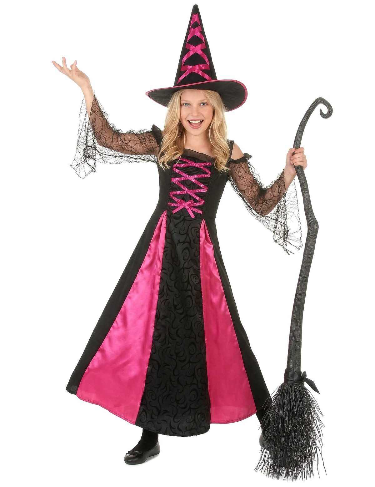 Zubatý kostým čarodejnice halloween pre dievča čierna a ružová s klobúkom