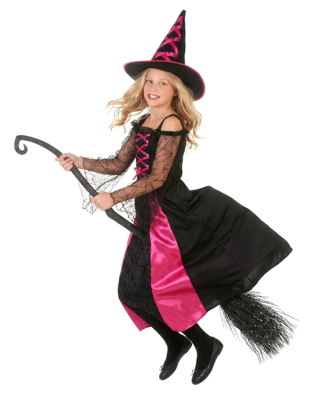 Bočný pohľad s metlou na kostýme zúbkovanej čarodejnice halloween