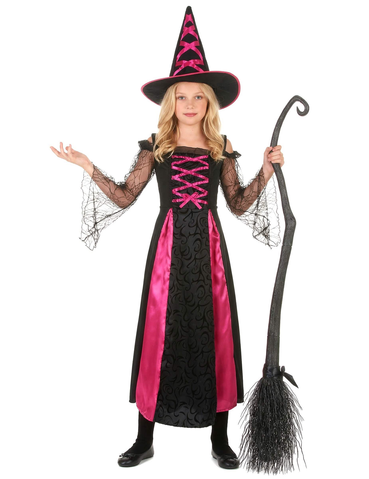 Prehľad s klobúkom a metlou zubatého kostýmu čarodejnice halloween