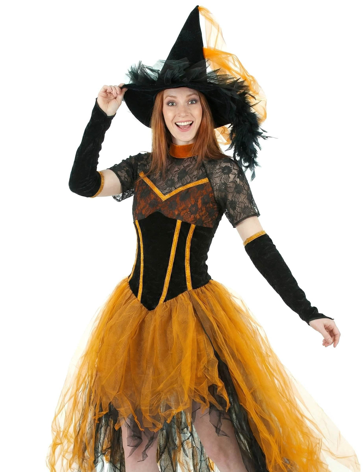 Predný pohľad na živôtik a klobúk kostýmu čipkovanej čarodejnice
