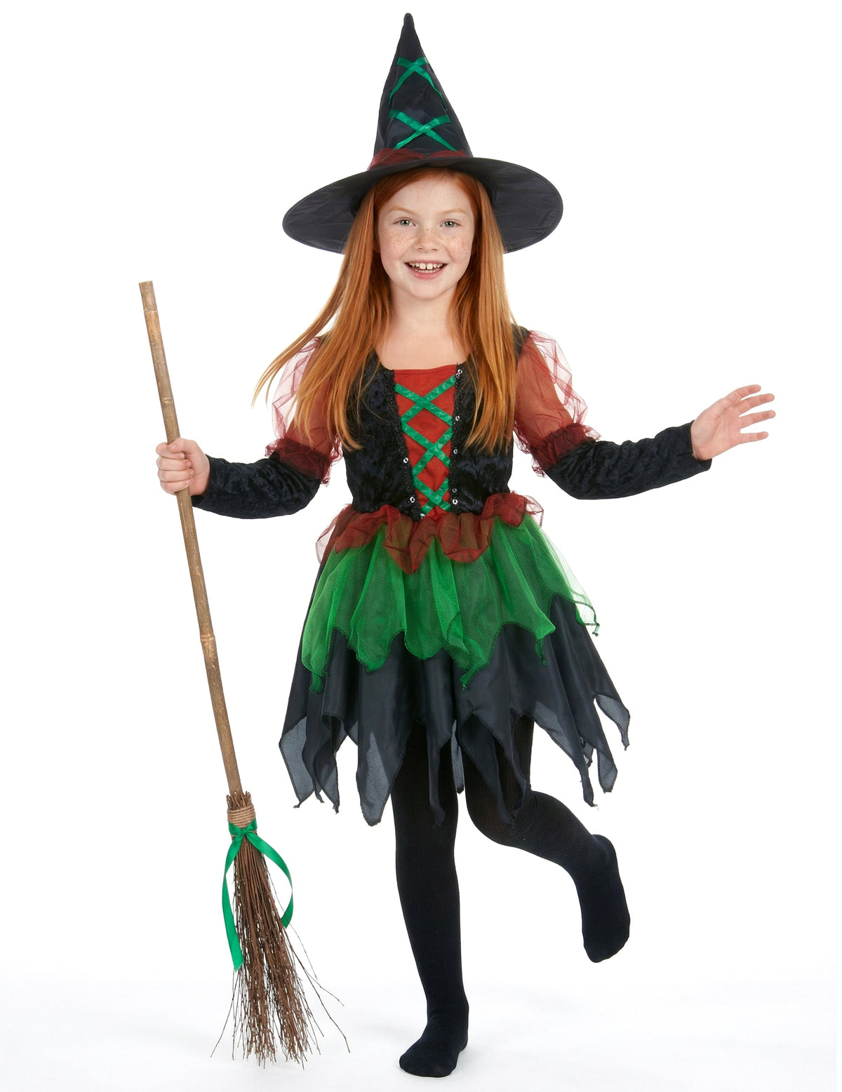 Déguisement sorcière des bois pour fille noir vert et rouge avec chapeau