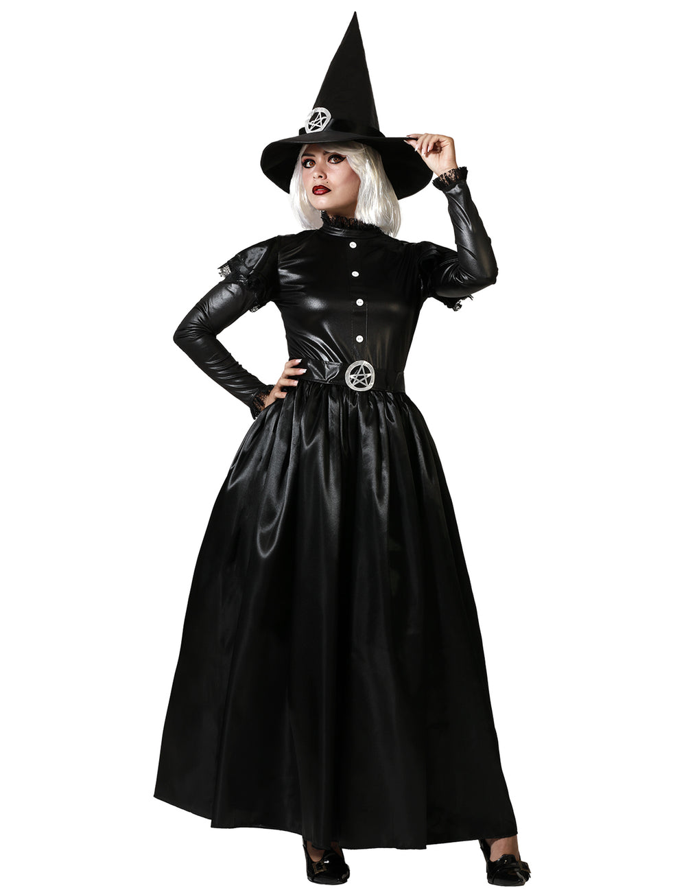 Déguisement sorcière gothique pour femme noire avec chapeau pointu et pentagramme