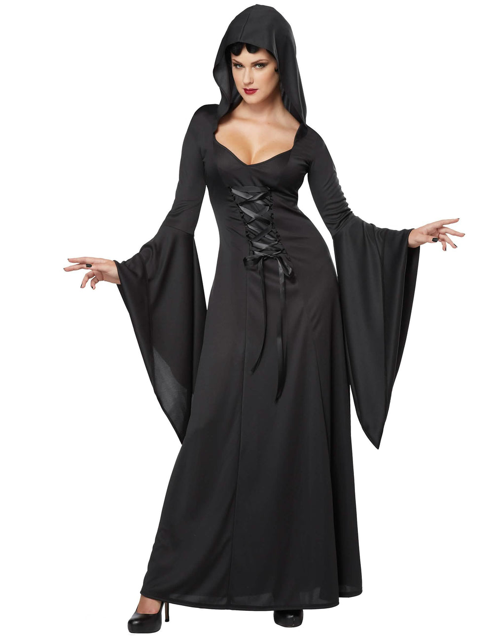 Čierny kostým čarodejnice pre ženu halloween s kapucňou a šnurovaním