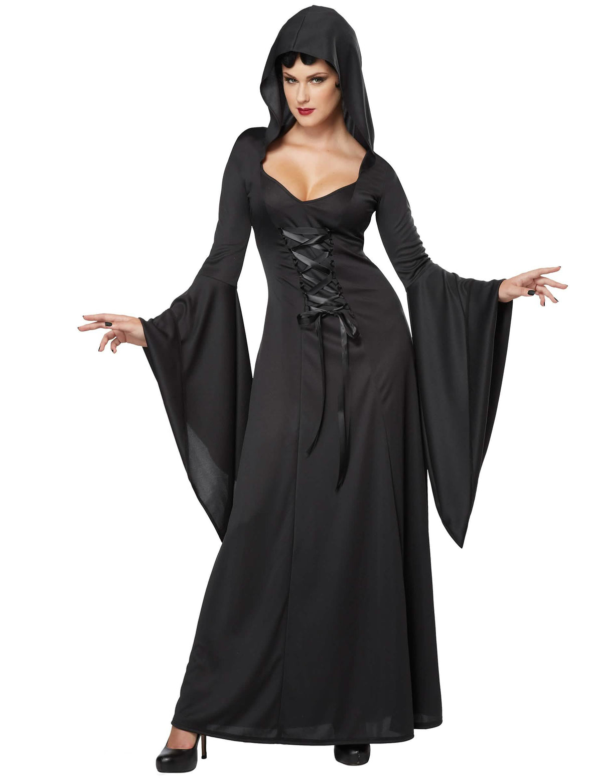 Čierny kostým čarodejnice pre ženu halloween s kapucňou a šnurovaním