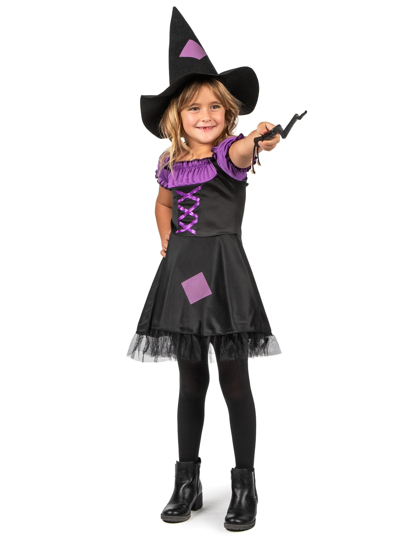 Kostým čarodejnice pre dievčatá v čiernej a fialovej farbe s klobúkom