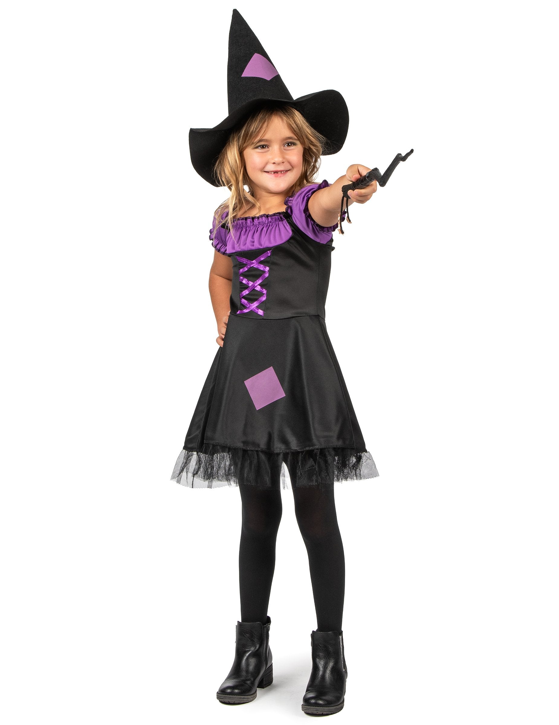 Kostým čarodejnice pre dievčatá v čiernej a fialovej farbe s klobúkom