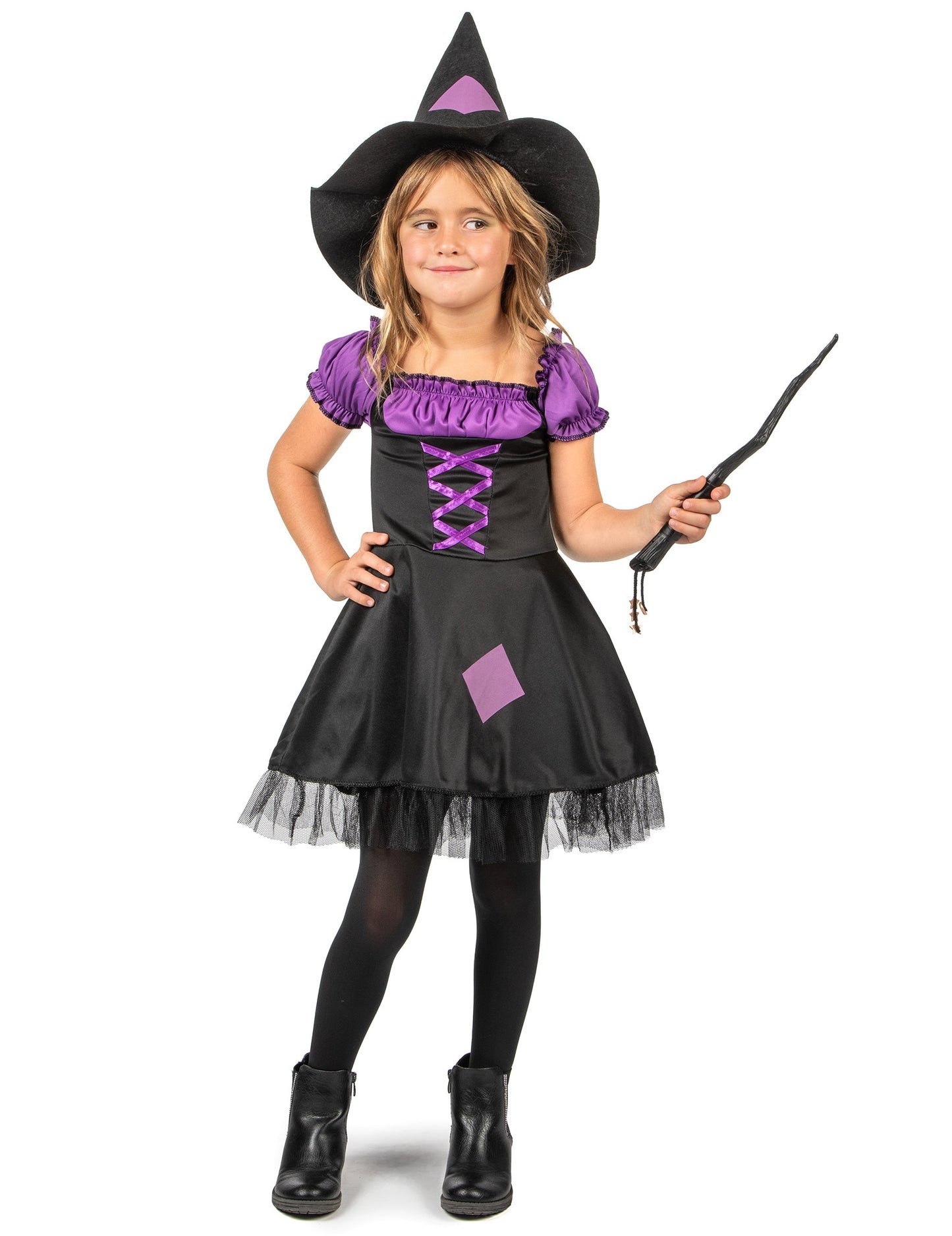 Pohľad spredu s čarovnou paličkou na kostým čarodejnice pre dievčatá