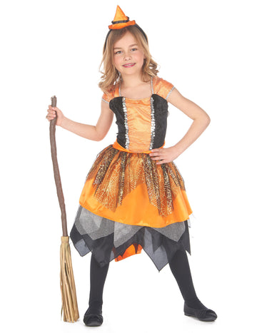 Kostým čarodejnice s pavúčou záclonou pre dievča v oranžovej a čiernej farbe s čelenkou a klobúkom