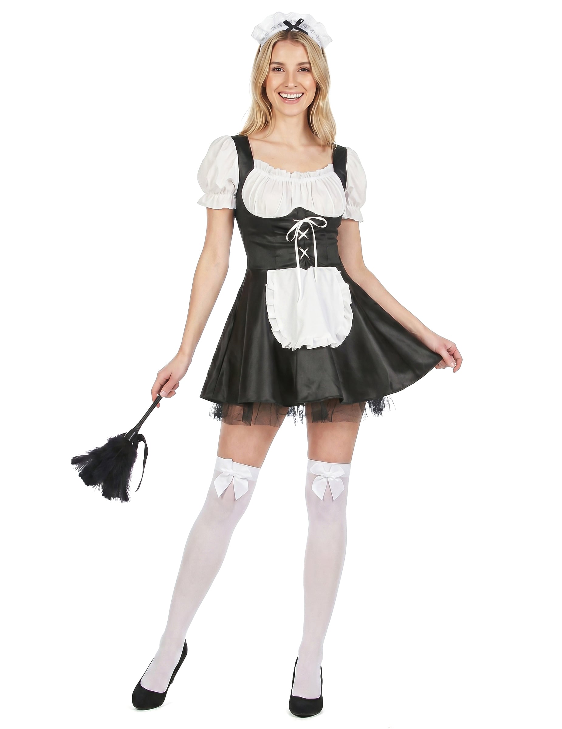 Déguisement soubrette pour femme noir et blanc avec serre-tête et plumeau