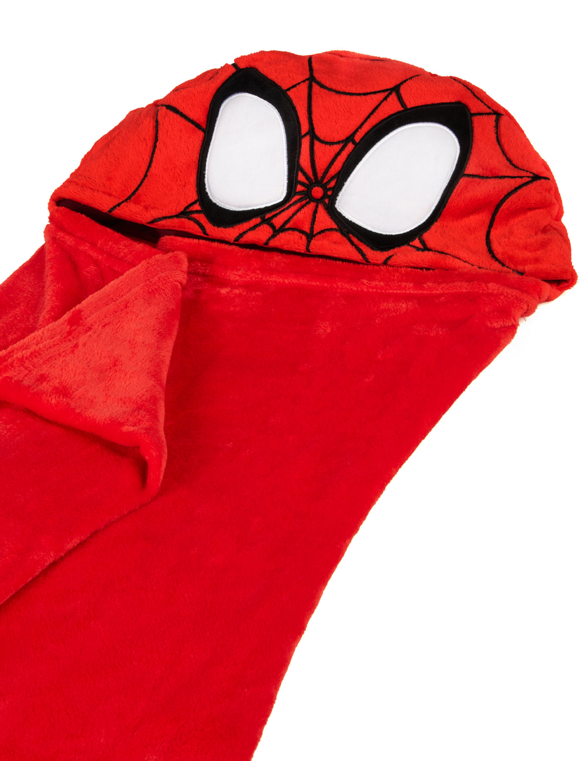 Gros plan sur les motifs de la capuche du déguisement plaid polaire à capuche Spidey et ses Amis