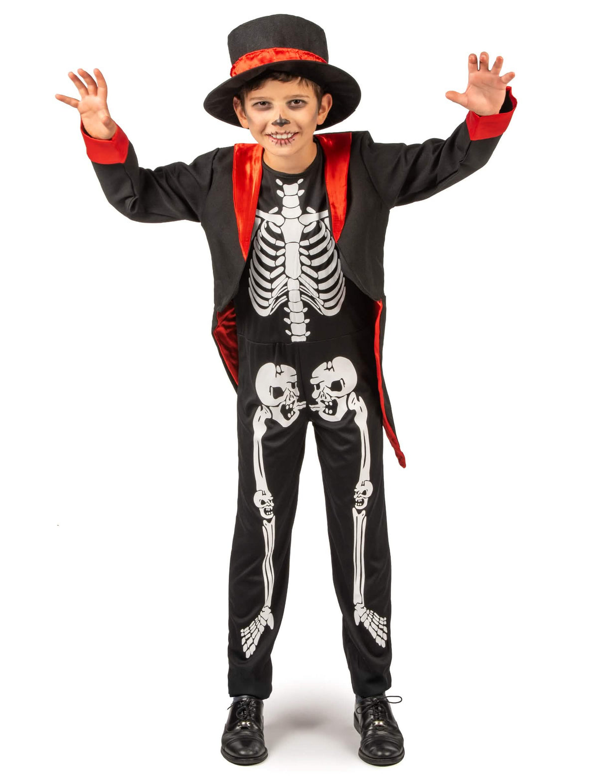 Predný celkový pohľad na elegantný kostým kostry pre chlapec