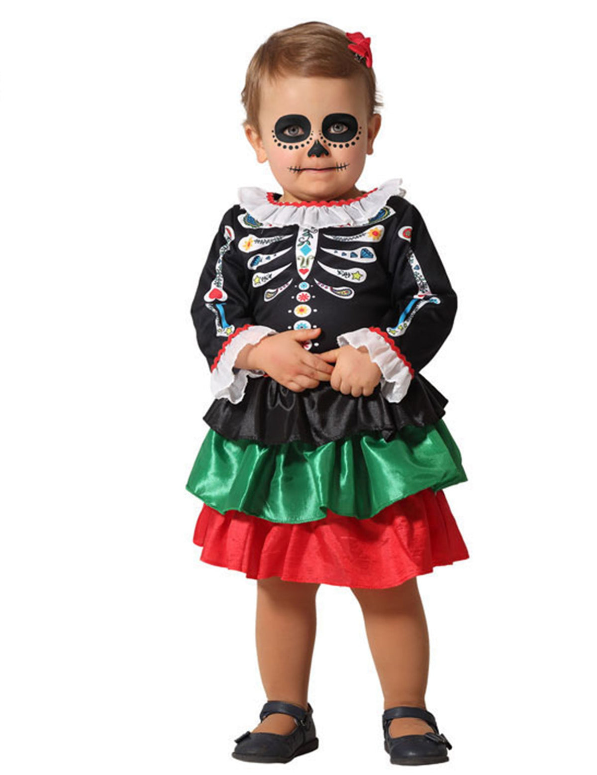 Déguisement squelette Dia de los muertos pour bébé fille noir avec jupe tricolore à volants