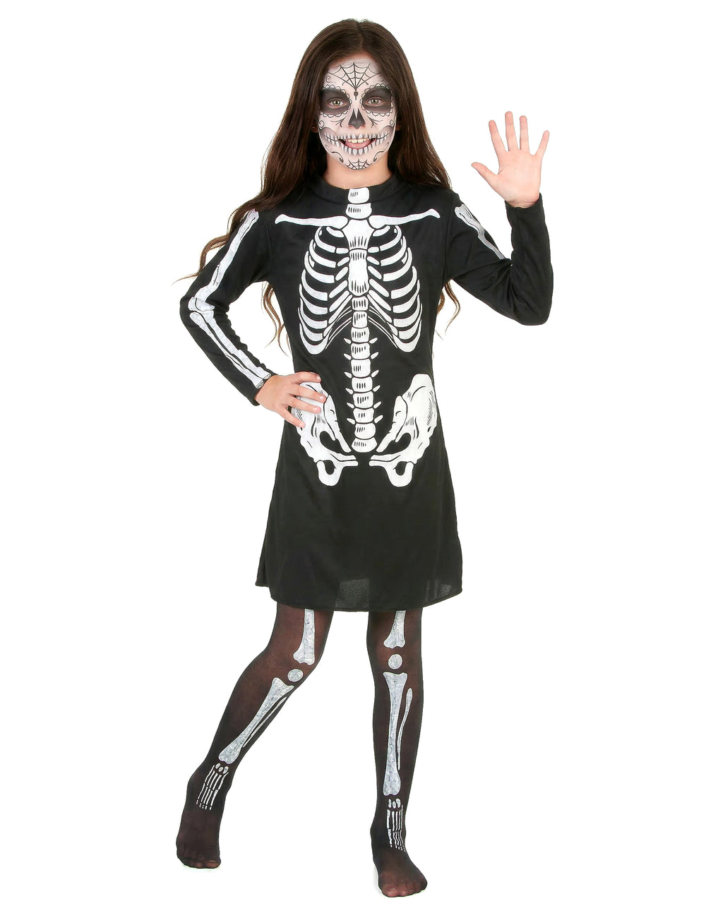 Déguisement de squelette Halloween pour fille noir et blanc avec robe et collants