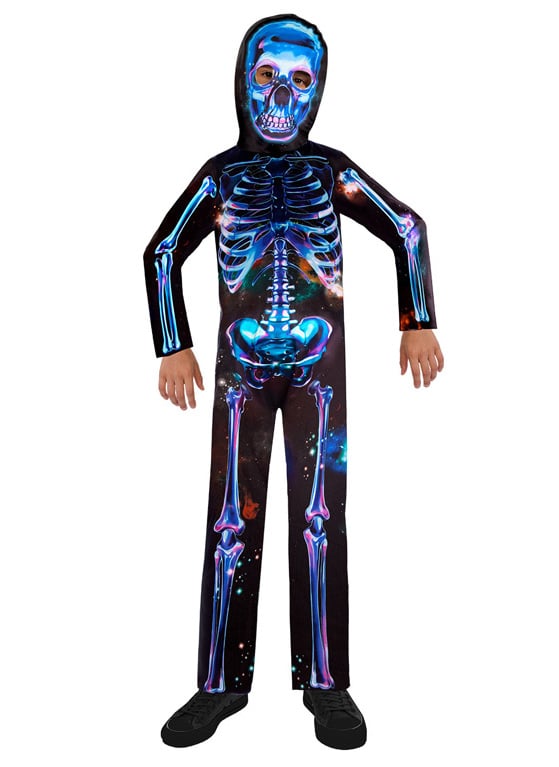 Déguisement de squelette néon en tissu recyclé pour enfant bleu et noir motif galaxie