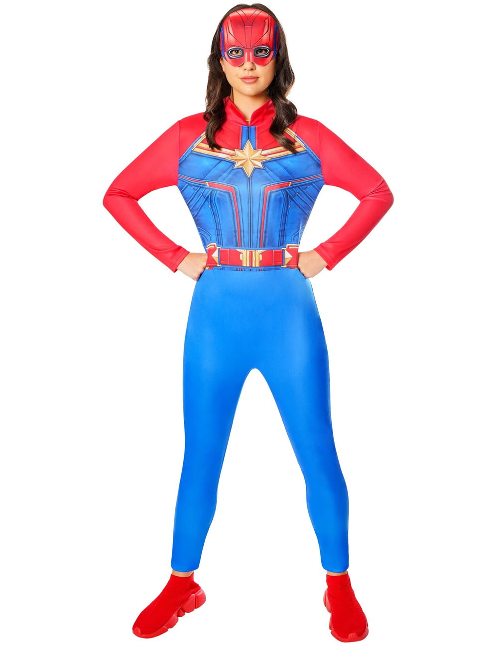Déguisement Captain Marvel pour femme bleu et rouge avec masque