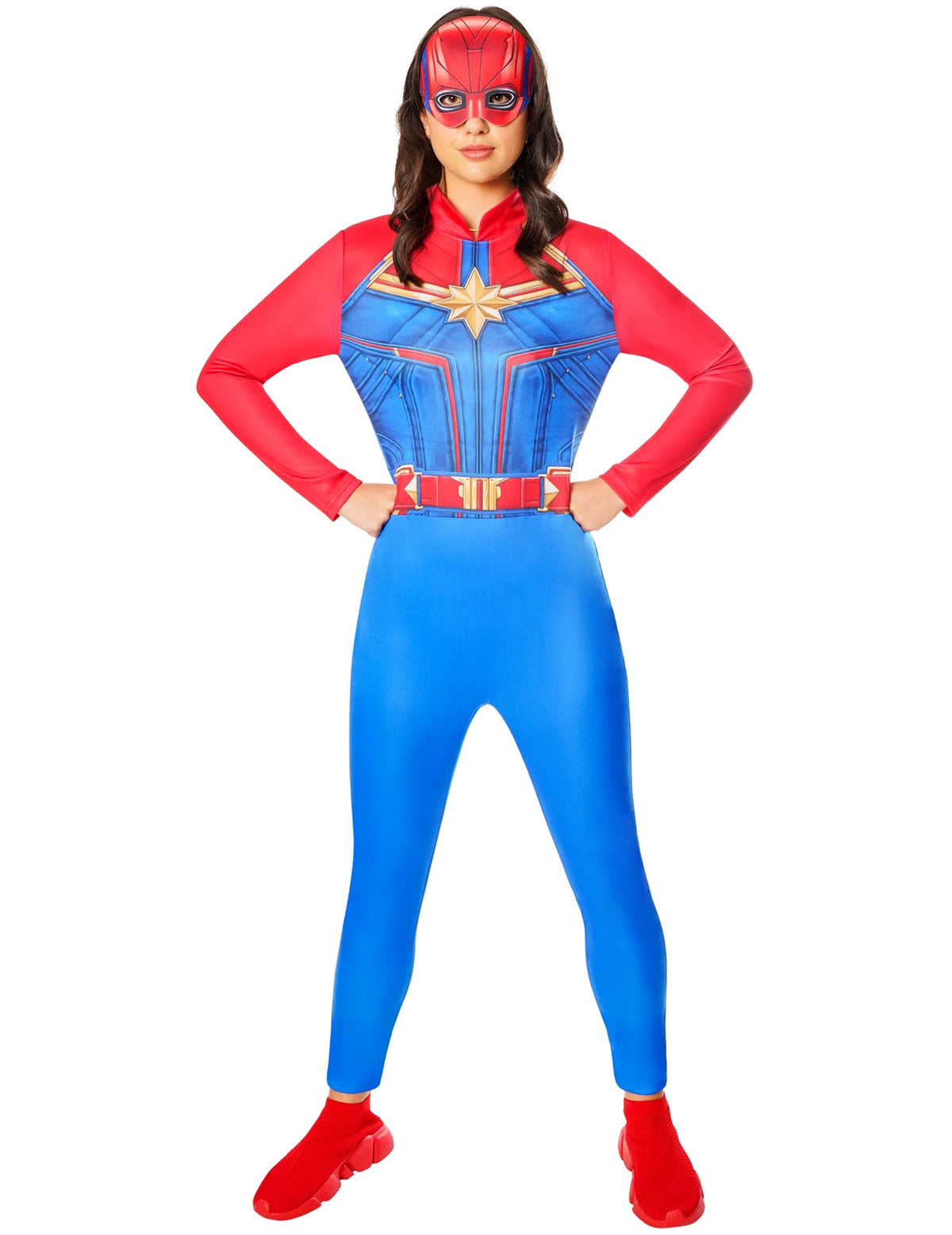 Déguisement Captain Marvel pour femme bleu et rouge avec masque