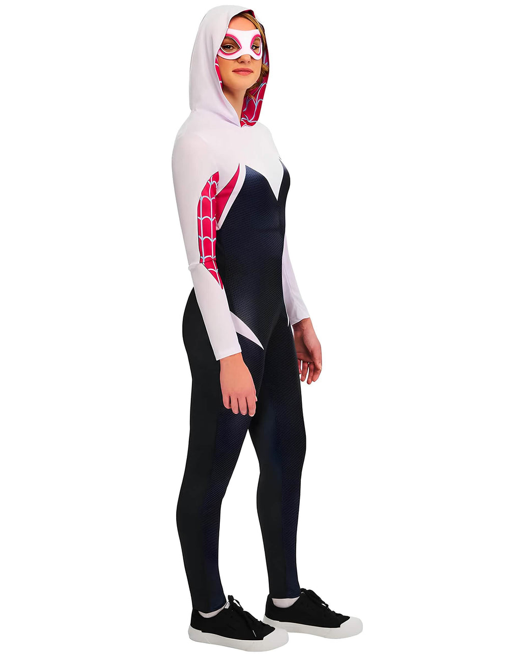 Vue de face en position de combat du déguisement Ghost-Spider pour femme