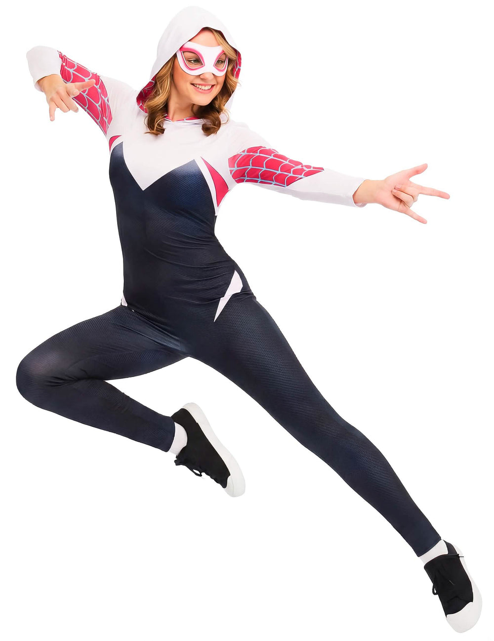 Kostým Ghost-Spider pre ženu biela čierna a ružová s kapucňou